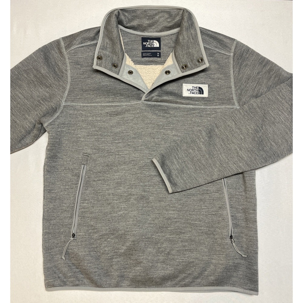 The North Face Wool Sherpa Gray Fleece Lined Quarter Snap Pullover Men's Medium - Picture 2 of 9